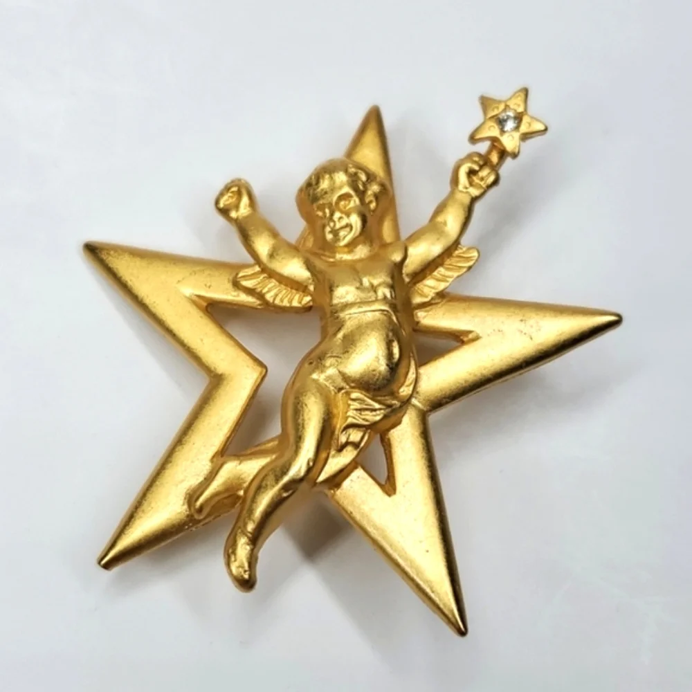 Vintage Cherub on Star Gold Tone Brooch Angel Fairy Pin Celestial Costume Jewelr